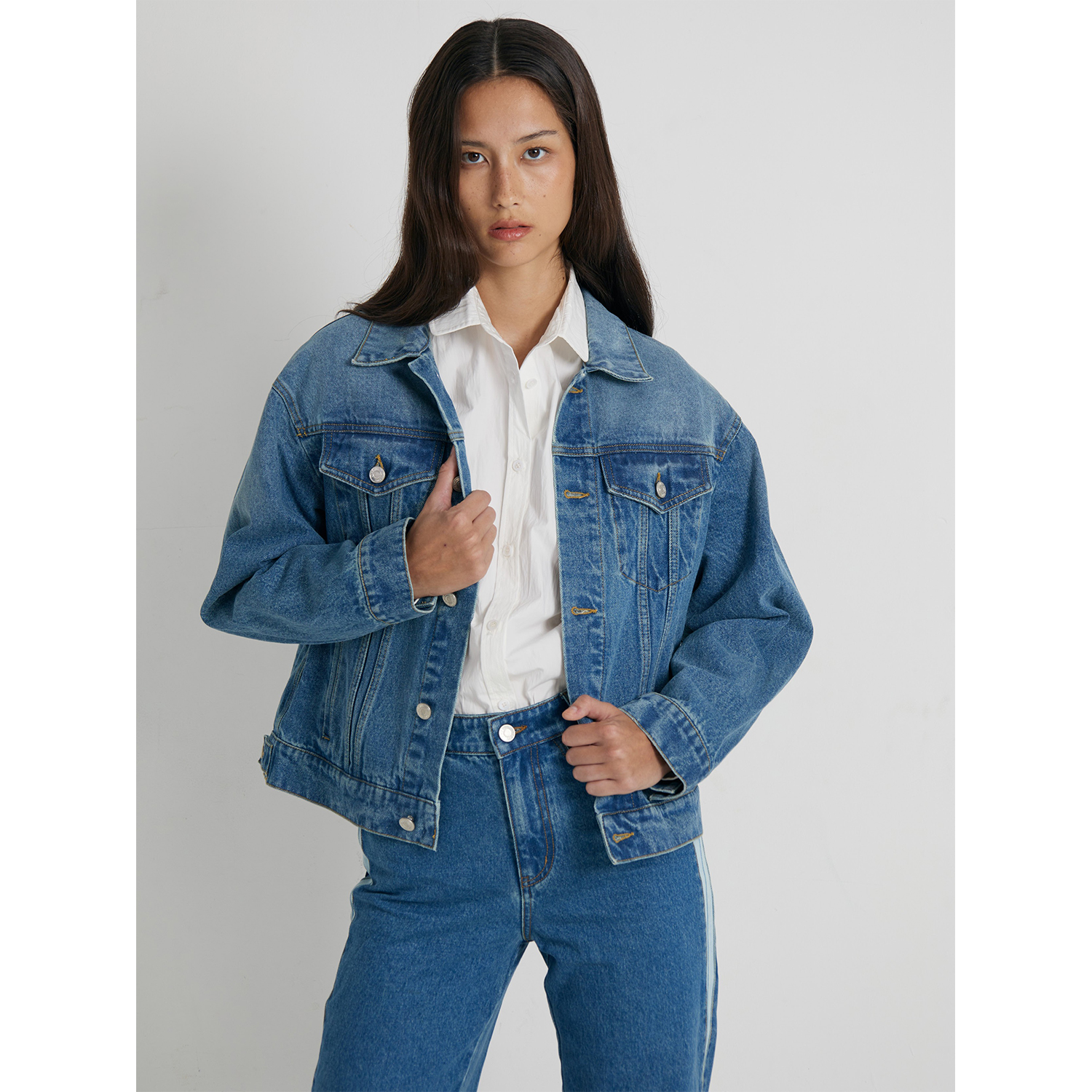 复古蓝色牛仔外套宽松立领夹克