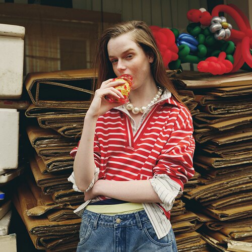 V字翻领条纹T恤贴袋短款宽松上衣