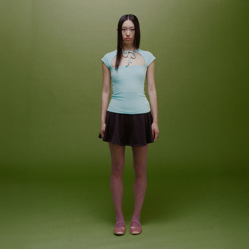 蓝色挖空短袖T恤设计感短款上衣