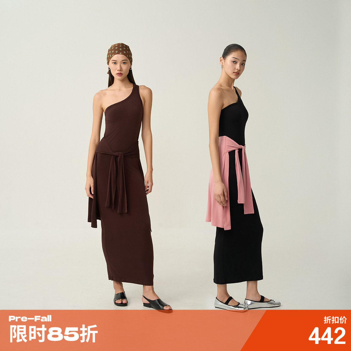不对称单肩挂脖连衣裙修身裙子