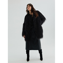 OTHERSTORE 名利场晚宴 黑色宽松皮草外套女冬季直筒环保保暖大衣