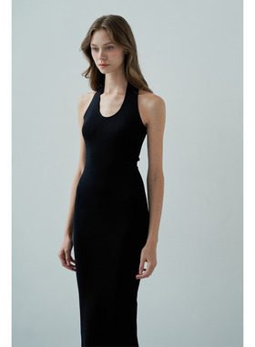 OTHERSTORE 微醺时刻 黑色U领挂脖连衣裙女秋冬高级修身针织裙子