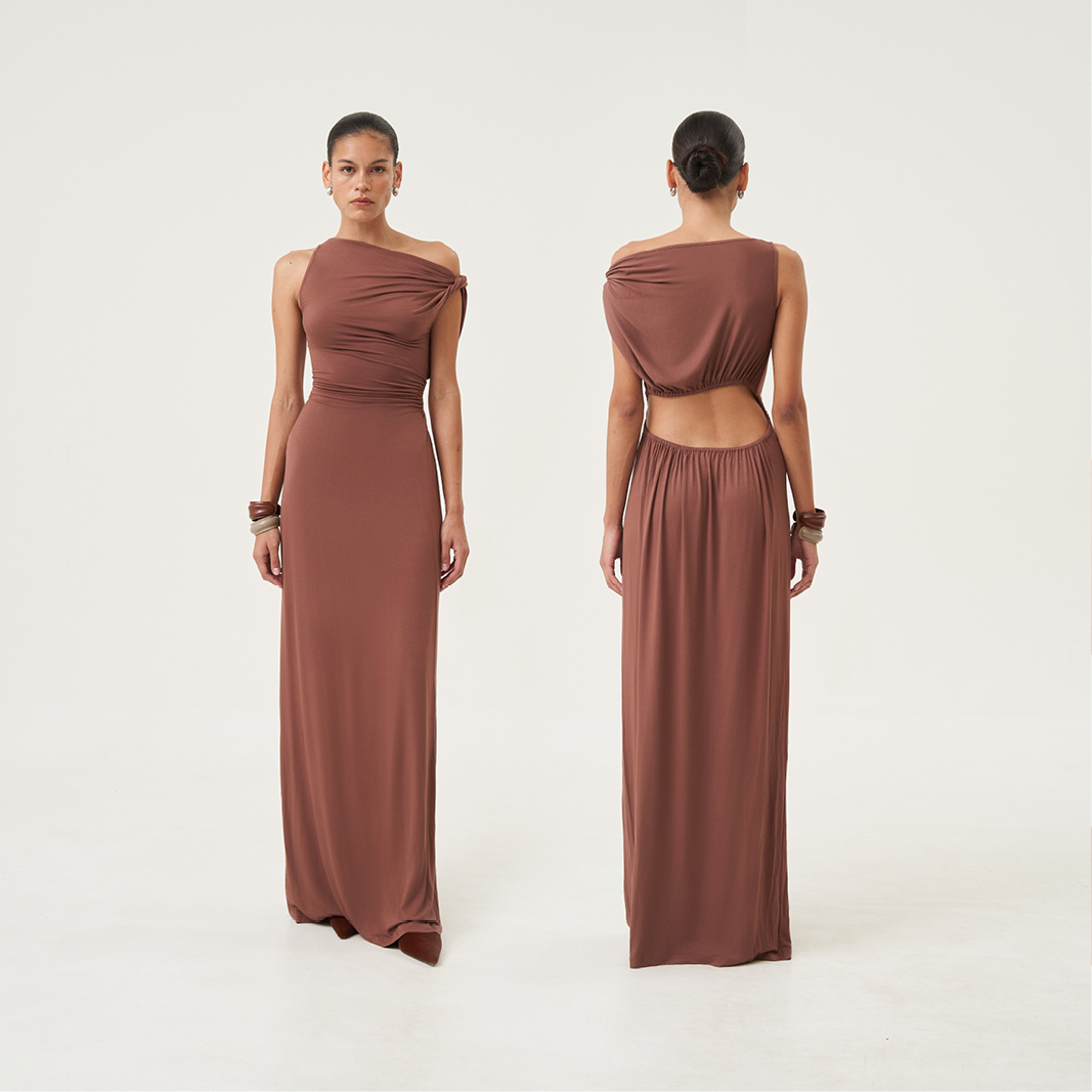 肩纽结挖空两穿小众修身连衣裙