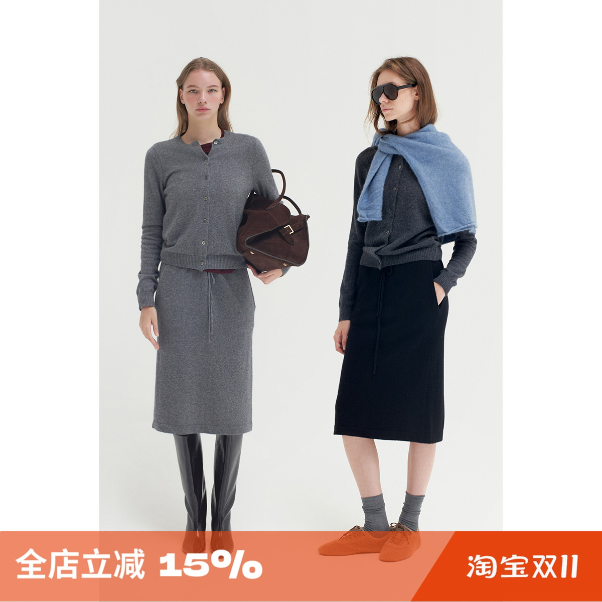 高级灰圆领直筒上衣羊绒针织开衫