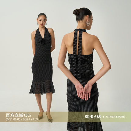 OTHERSTORE 波点玫瑰 法式黑色波点连衣裙女收腰显瘦鱼尾挂脖裙子