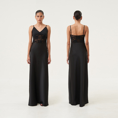 OTHERSTORE 小提琴家 黑色V领吊带连衣裙女蕾丝拼接醋酸长款裙子