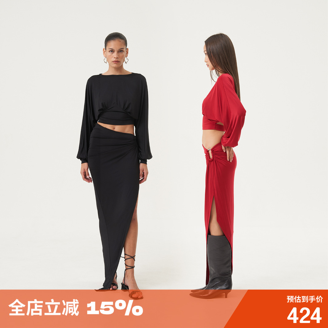 不对称腰部镂空设计显瘦开叉半裙