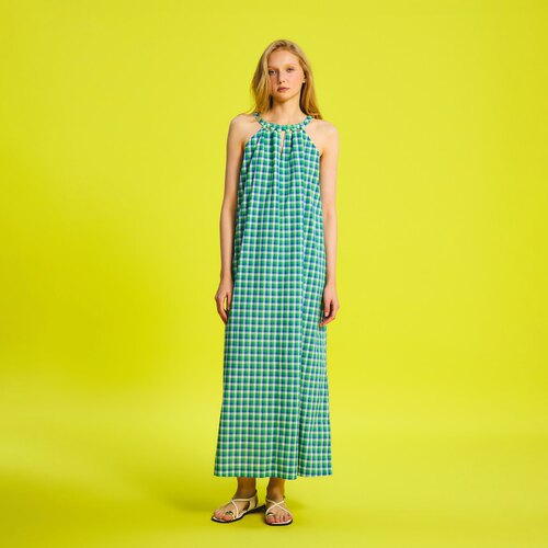 度假格纹挂脖连衣裙露肩长款裙子