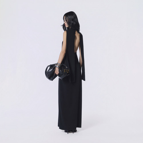 气质飘带高领针织连衣裙修身裙子