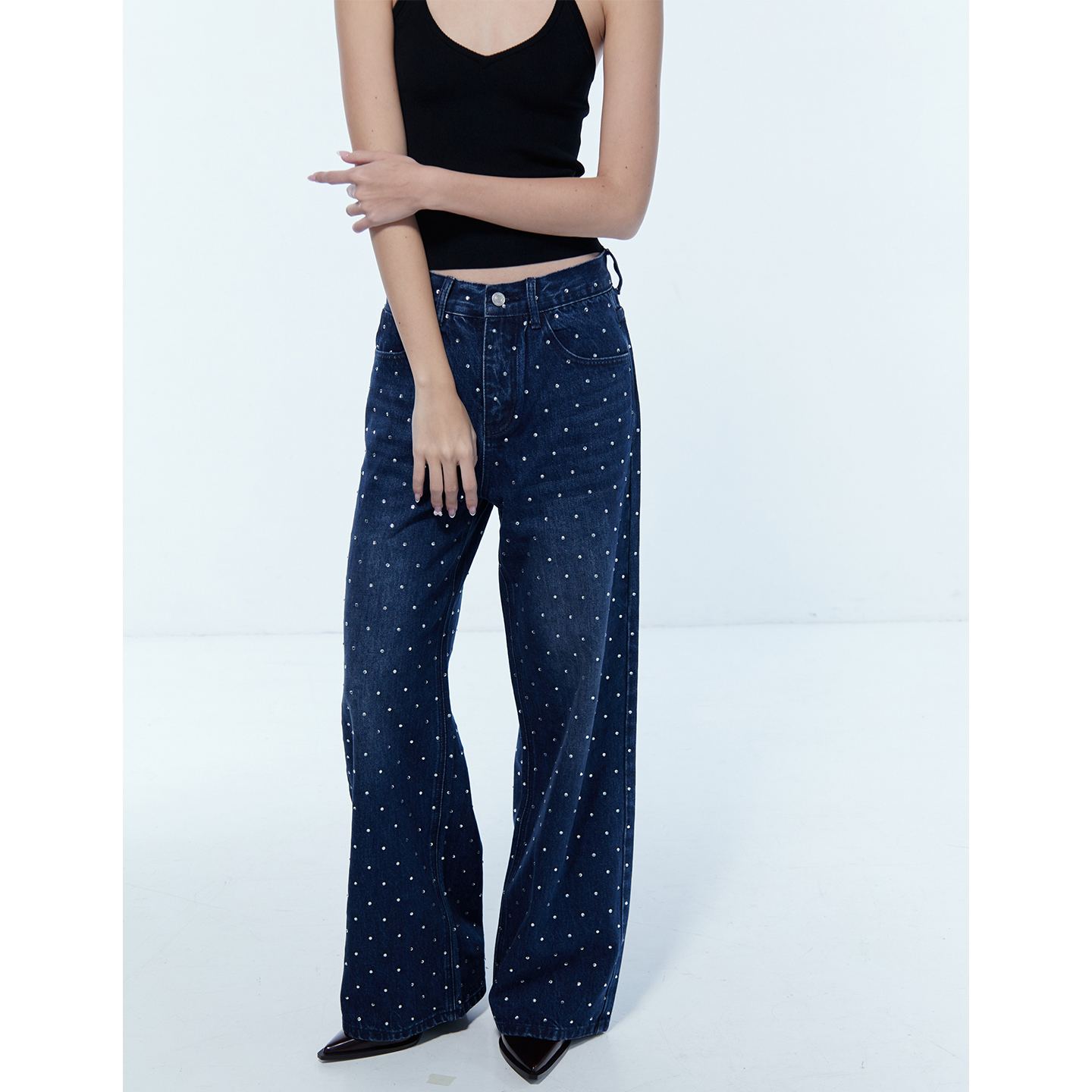 高级感亮闪闪烫钻高腰阔腿牛仔裤