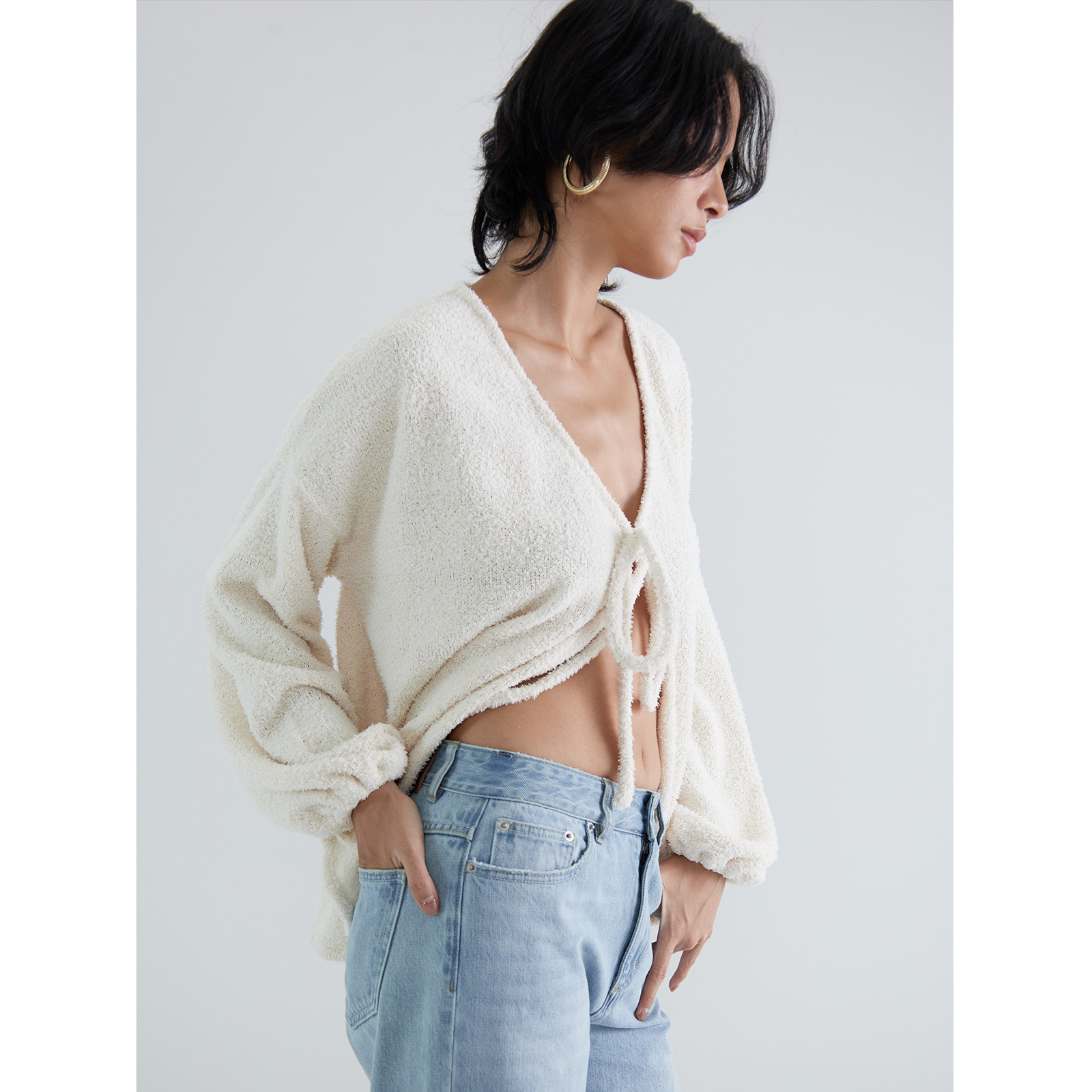 米白系带宽松针织开衫灯笼袖外套