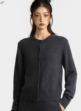 Lakewill显瘦纯色圆领纯绵羊毛宽松短款开衫女秋季针织衫百搭外搭