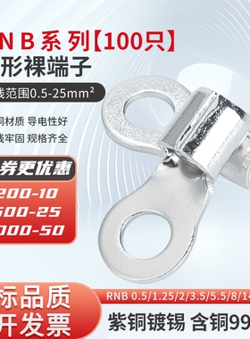 国标紫铜O形RNB8/14/22/38冷压接线端子OT型线耳圆形铜鼻子100只