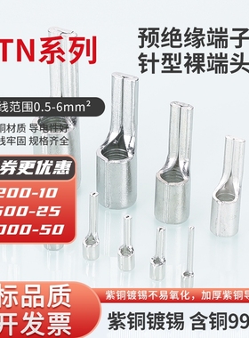 国标压接线端子PTN1.25/2/3.5/5.5-10-12-13-16-18针形裸端头紫铜