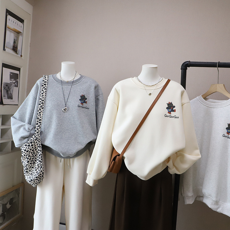 [比正]2025秋冬新款韩版圆领加绒加厚卡通字母印花宽松卫衣女5707