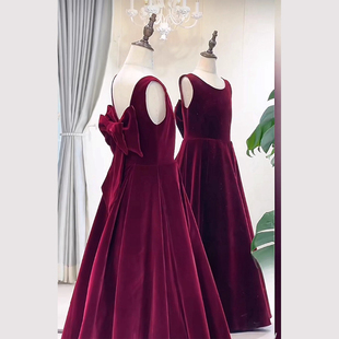 大童简约优雅酒红色丝绒蝴蝶结公主礼服裙女童生日宴会主持人礼服