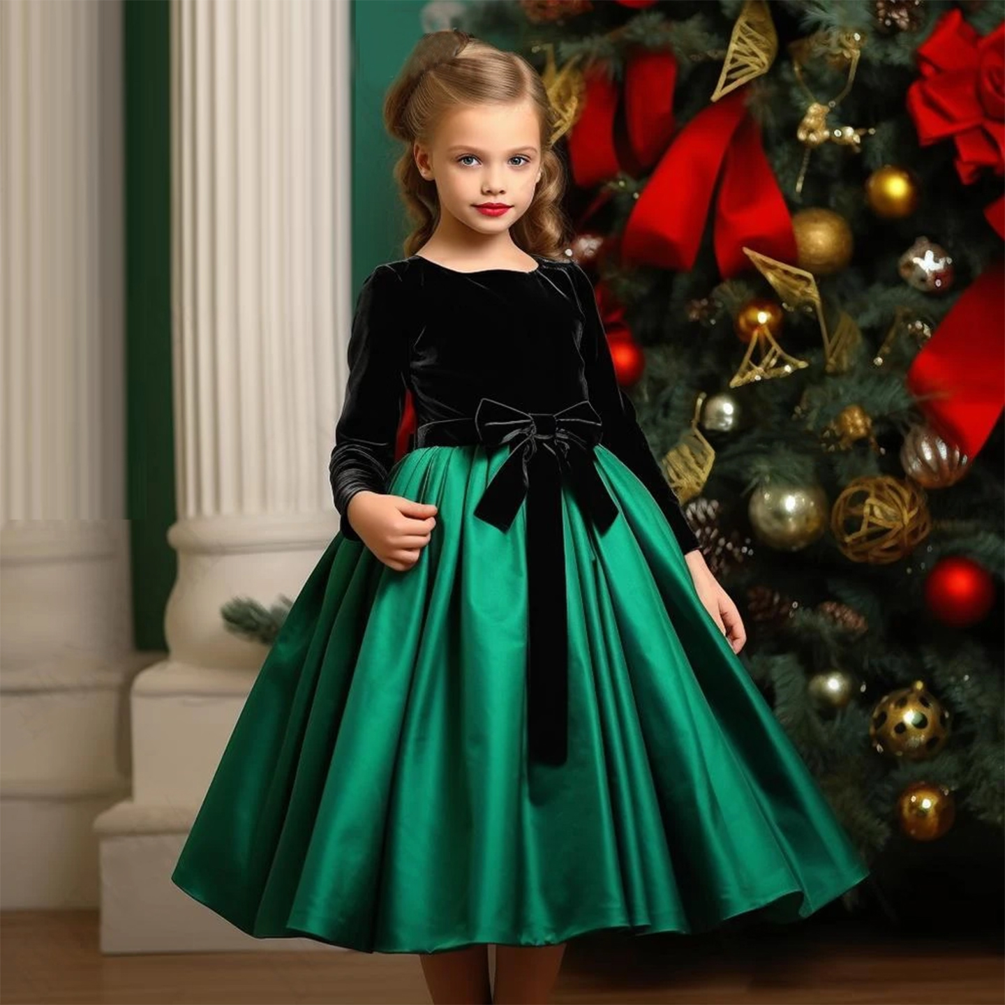 女童黑丝绒长袖圆领绿色礼服裙