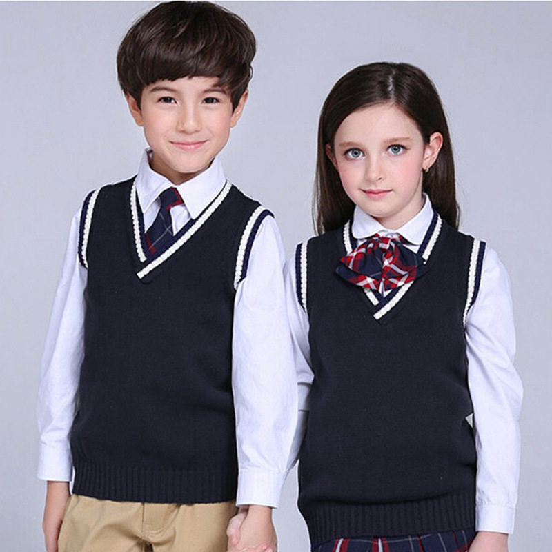 秋冬新款儿童背心中大童藏青纯棉针织衫男女童小学生马甲毛衣校服