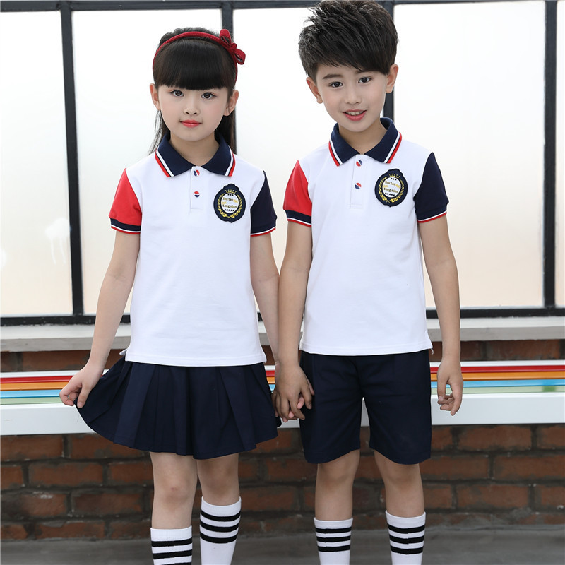 男女童校服小学生中大儿童带有领纯棉白色短袖T恤短裤百褶裙套装