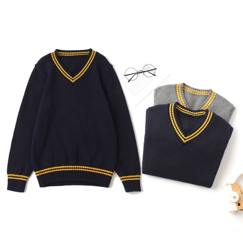 男女童鸡心领毛线衣藏青纯棉校服