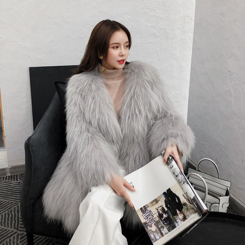 2021新款简约进口貉子毛编织中长款皮草外套女  大翻领西服领大衣