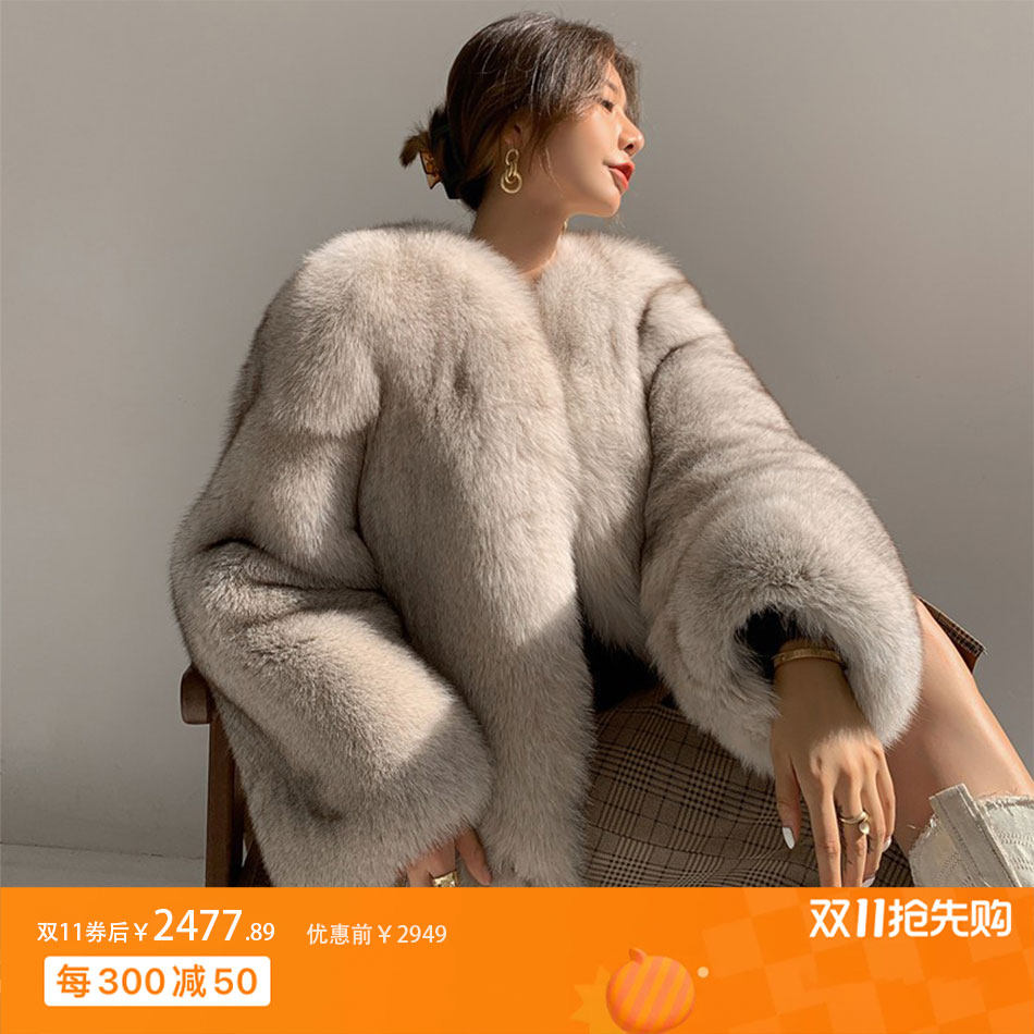冬季新款狐狸毛皮草外套女 气质中长款V领长袖裘皮大衣年轻款