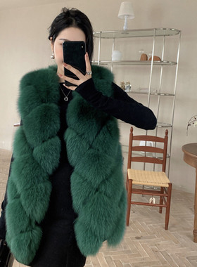 整皮狐狸毛皮草马甲女中长款2024新款时尚显瘦背心坎肩外套秋冬