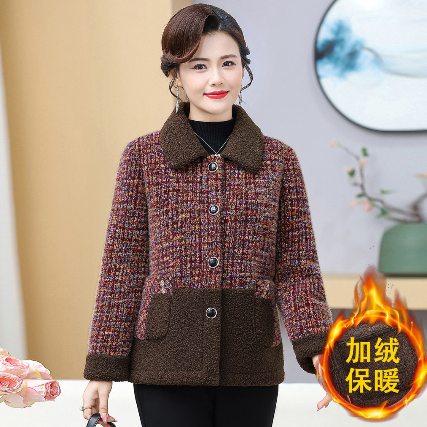 妈妈装冬季加绒加厚保暖毛呢外套女中老年人新款休闲棉衣呢子大衣