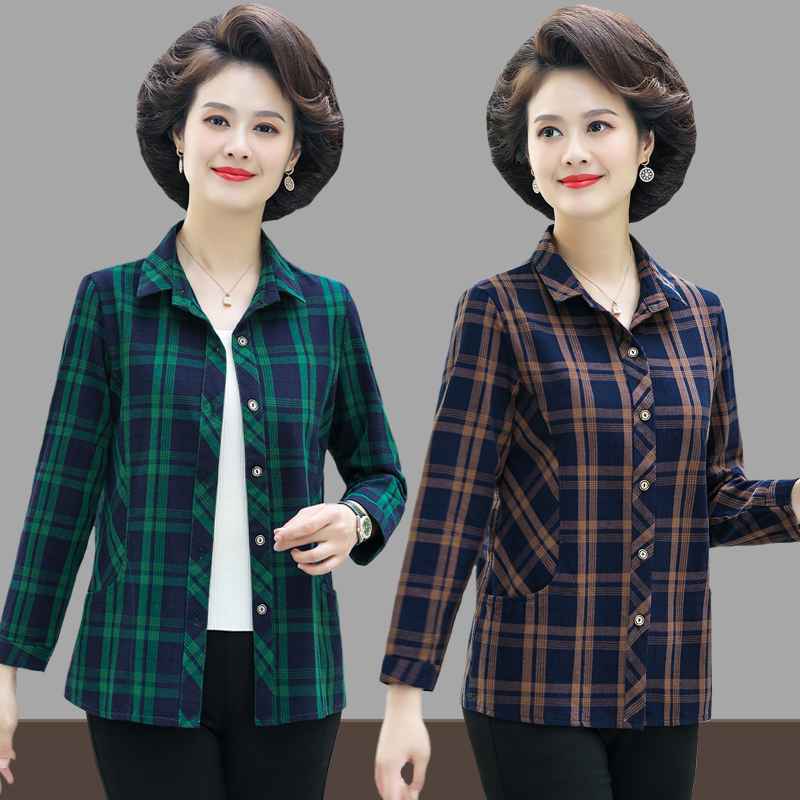 中老年人春秋长袖衬衫纯棉女上衣