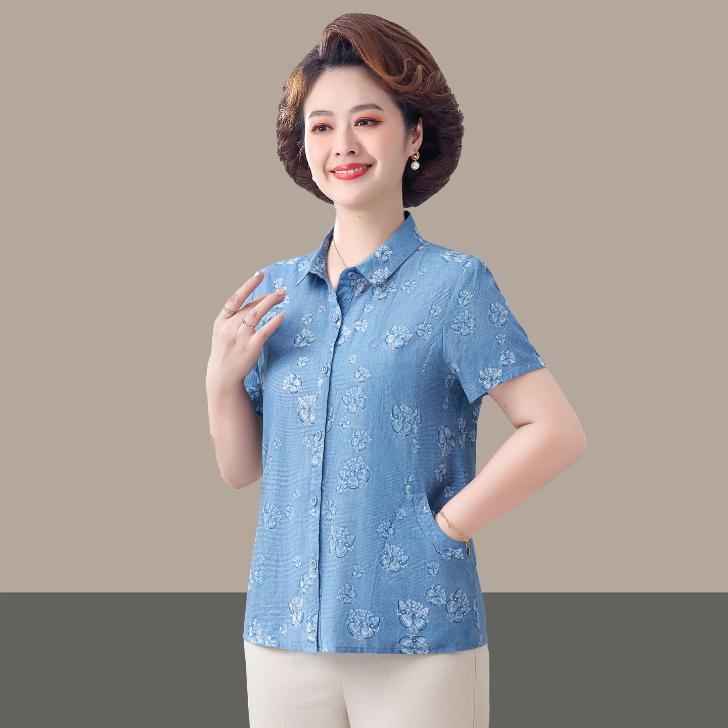 纯棉短袖衬衫女宽松碎花开衫上衣