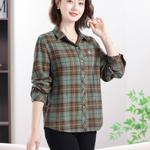 长袖 中老年人春秋装 宽松大码 女新款 上衣妈妈全棉衬衣 纯棉格子衬衫