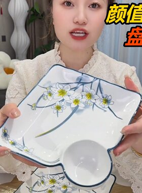 2026新款网红高颜值盘子家用陶瓷菜碟防烫饺子盘带醋碟多功爆款