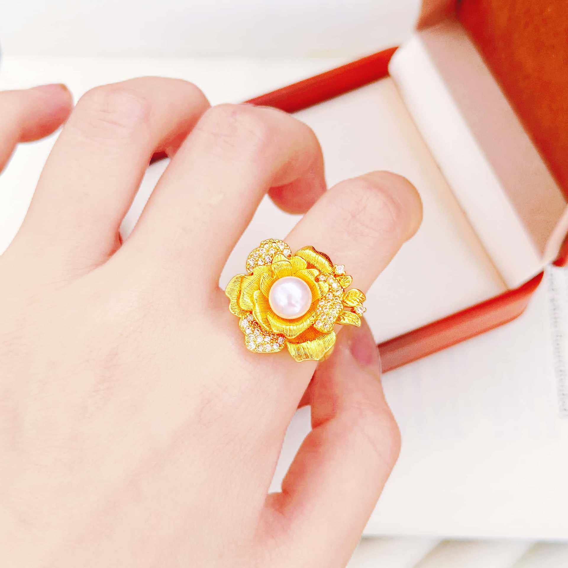 沙金饰品点钻珍珠玫瑰花戒指仿真金新中式女款精致小香风花朵指环