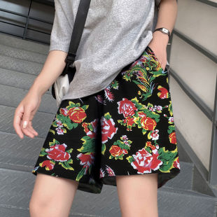 抖音炸街帅气东北大花裤子原宿风网红花裤宽松嘻哈休闲短裤男女潮