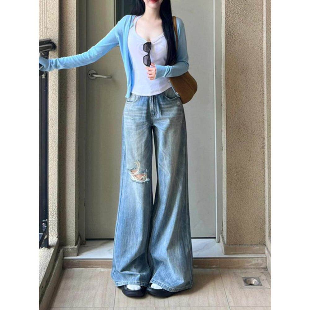 美式破洞牛仔裤女夏季设计感薄款牛仔裤