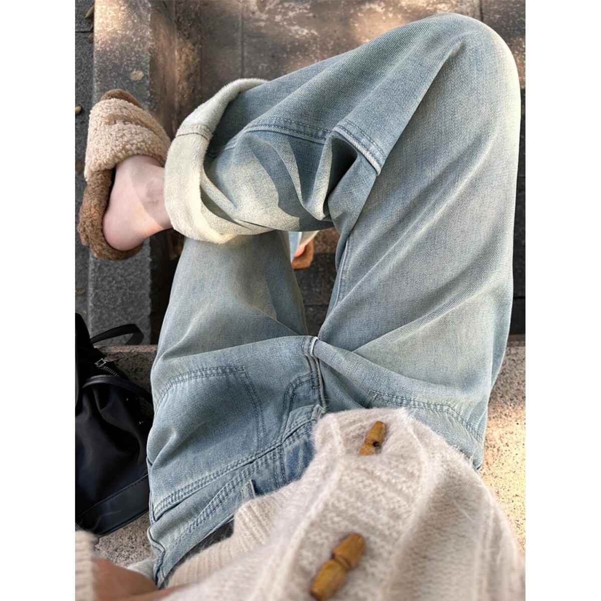 美式直筒牛仔裤女秋冬加绒胖妹妹牛仔裤