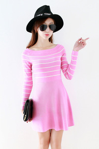 小个子女士学院拼接条纹中长款套头肩袖秋季字型周岁甜美毛针织衫