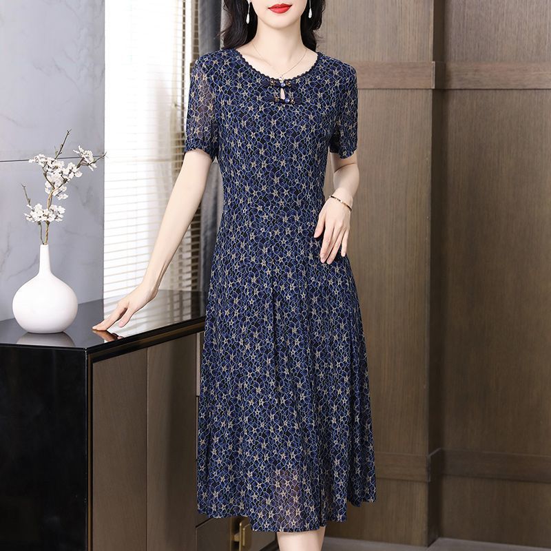 中长款夏季妈妈网纱碎花连衣裙女