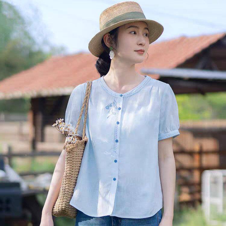 蓝色棉麻衬衫女短袖宽松休闲夏季新款气质上衣刺绣洋气遮肚子小衫