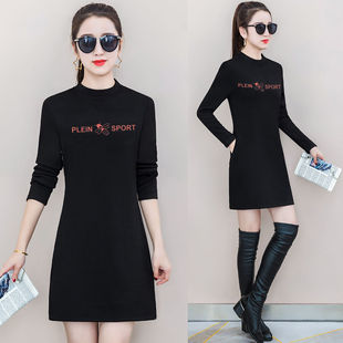 秋冬季中长款半高领卫衣女打底体恤裙加绒加厚保暖上衣气质棉外穿