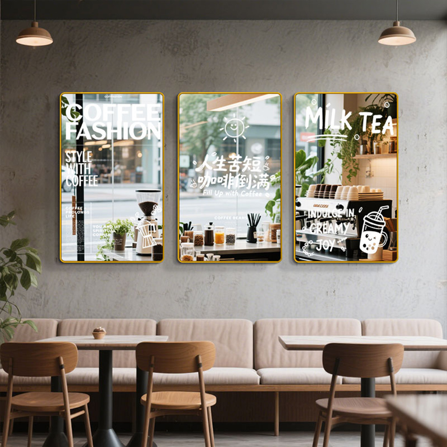 咖啡店装饰画镜面奶茶店墙面装饰ins镜子饮品店打卡氛围布置挂画