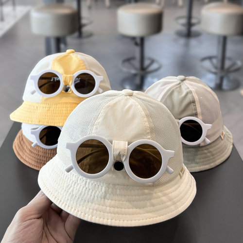 宝宝帽子夏季薄款透气网眼渔夫帽婴儿防晒一岁男女童遮阳墨镜盆帽