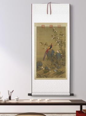 郎世宁《锦春图》高清复刻装饰画艺术微喷挂画挂轴尺寸81X180cm