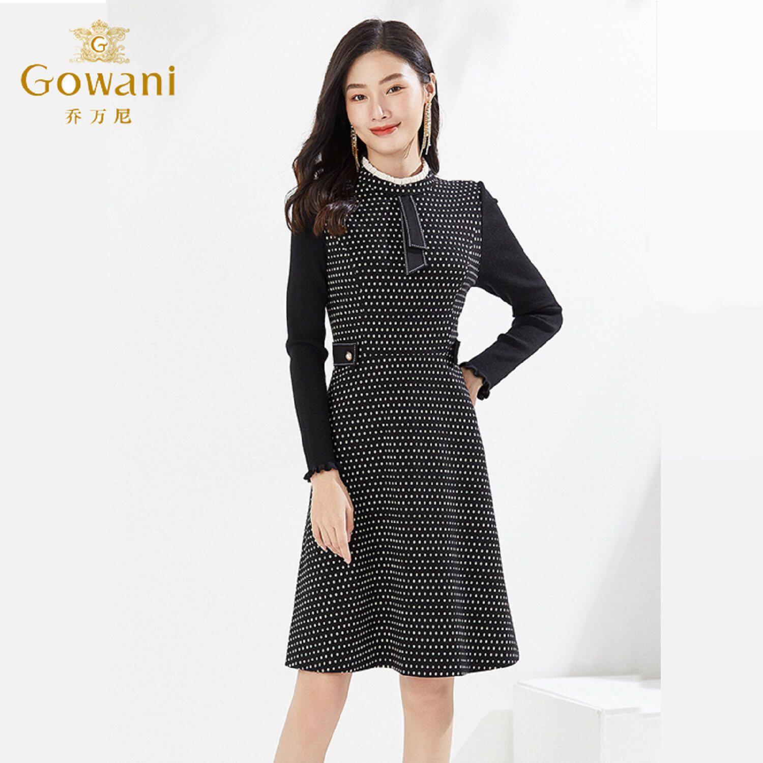 乔万尼小黑裙女2026年春季长袖波点连衣裙针织修身显瘦轻熟优雅风