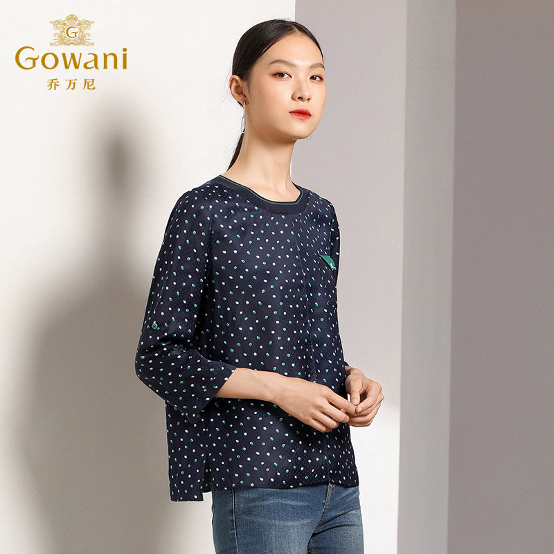 乔万尼春装新款波点宽松直筒七分袖套头圆领衬衫女士春春上衣