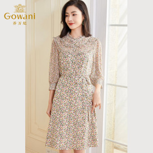 圆领气质中长款 长袖 复古印花桑蚕丝连衣裙女202年6春季 乔万尼法式