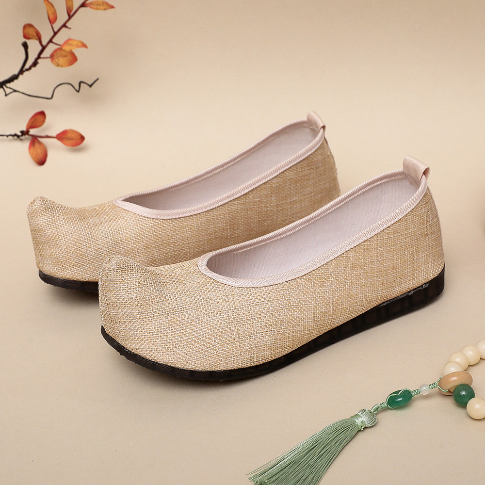 平跟翘头麻面米色布鞋超软底低帮一脚蹬浅口复古小香风酒店工作鞋,女鞋,传统布鞋,淘宝优惠券,粉丝福利购,淘宝优惠卷