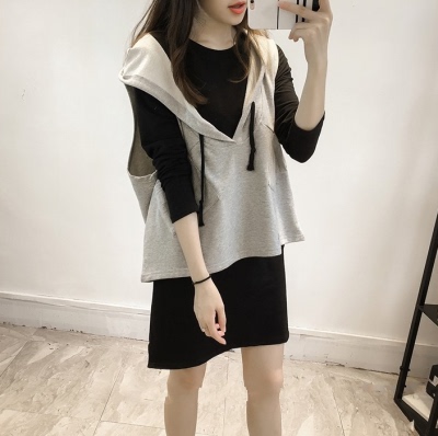 Spring and autumn new mid long long long sleeved T-Shirt Top Fashion vest suit women's leisure two-piece set