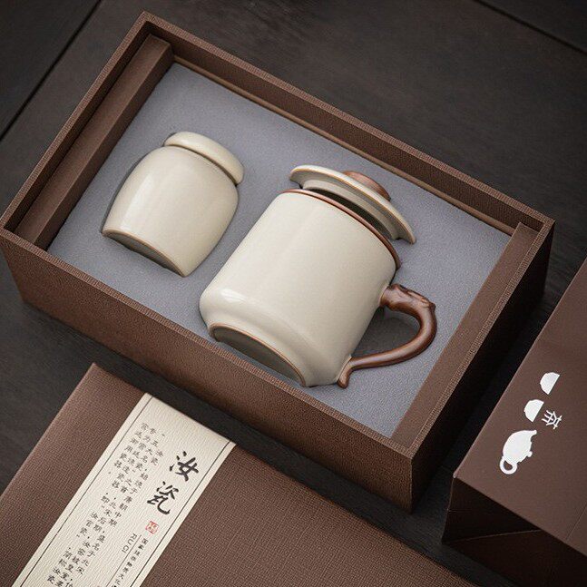 汝窑陶瓷茶杯办公室泡茶水杯个人专用杯带盖茶水分离马克杯杯子