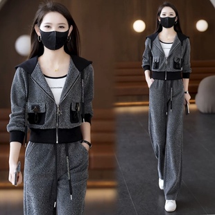 时尚休闲套装女两件套2026春秋新款网红连帽开衫卫衣阔腿裤一整套